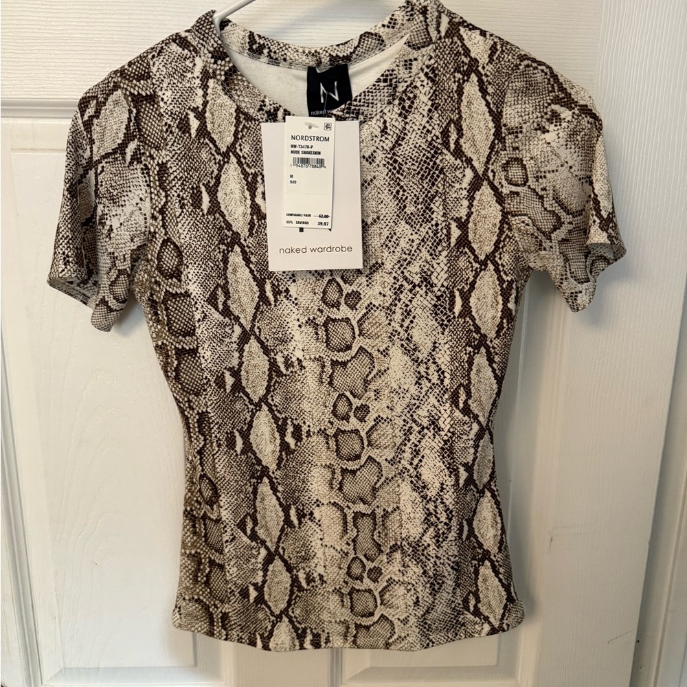Naked Wardrobe Snake Print Short Sleeve Top - Brown and Cream